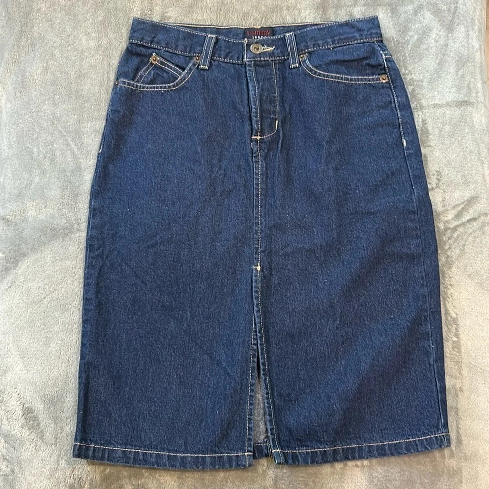 TOMMY JEANS Women’s Midi Split Front Dark Denim Skirt Size‎ 1